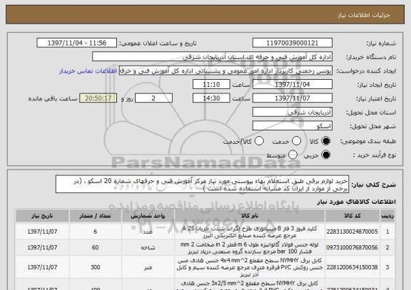 استعلام خرید لوازم برقی طبق استعلام بهاء پیوستی مورد نیاز مرکز آموزش فنی و حرفهای شماره 20 اسکو . (در برخی از موارد از ایران کد مشابه استفاده شده است )