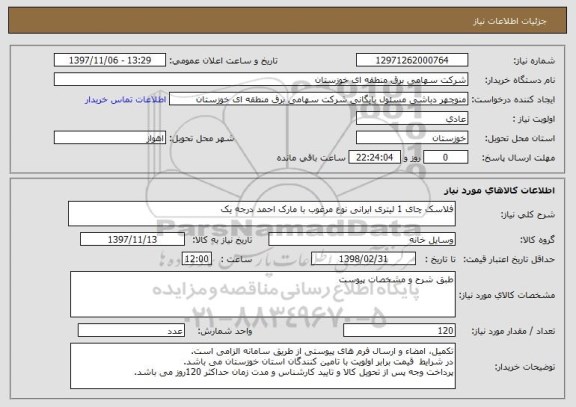 استعلام فلاسک چای 1 لیتری ایرانی نوع مرغوب با مارک احمد درجه یک
