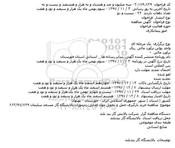 مناقصه,مناقصه خرید بارگیری حمل و تحویل مواد غذایی 