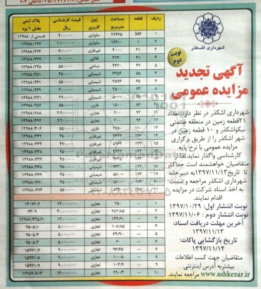 آگهی مزایده , تجدید مزایده تعداد 21 قطعه زمین - نوبت دوم 