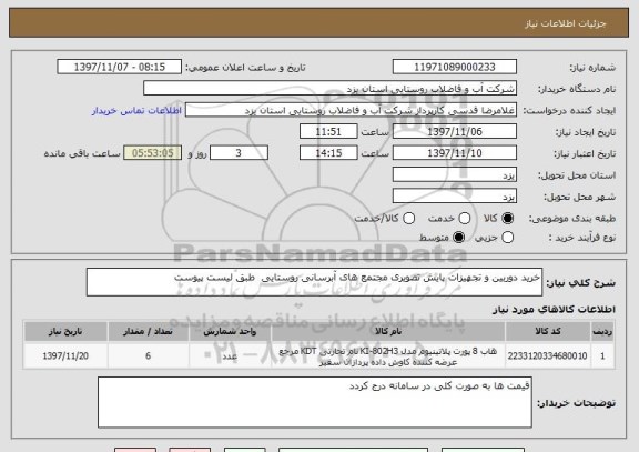 استعلام خرید دوربین و تجهیزات پایش تصویری مجتمع های آبرسانی روستایی  طبق لیست پیوست