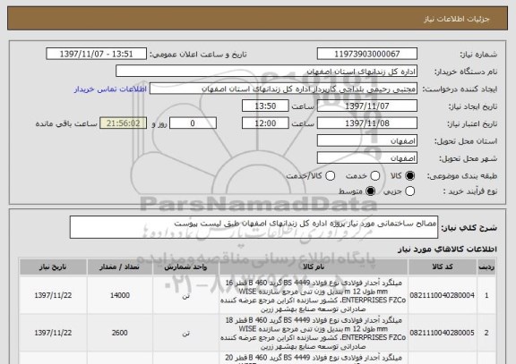 استعلام مصالح ساختمانی مورد نیاز پروژه اداره کل زندانهای اصفهان طبق لیست پیوست