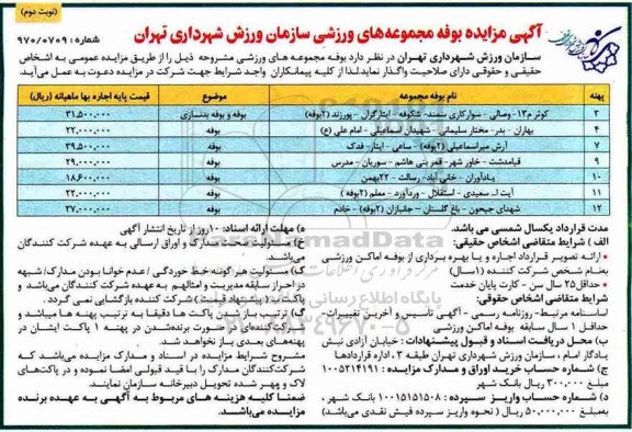 آگهی مزایده , مزایده بوفه مجموعه های ورزشی