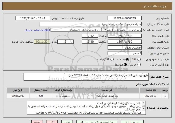 استعلام طرح آبرسانی کاشمر (حصارکشی چاه شماره 10 به ابعاد 30*30 متر)