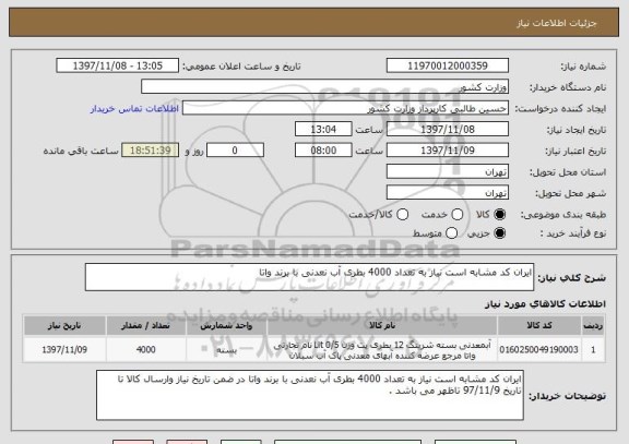 استعلام ایران کد مشابه است نیاز به تعداد 4000 بطری آب نعدنی با برند واتا