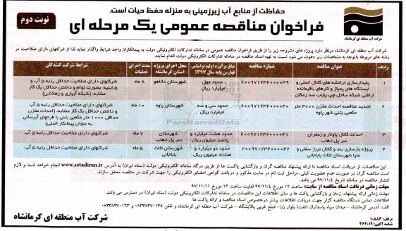 فراخوان مناقصه عمومی , مناقصه  پایدار سازی ترانشه های کانال اصلی و ایستگاه های پمپاژ و... نوبت دوم