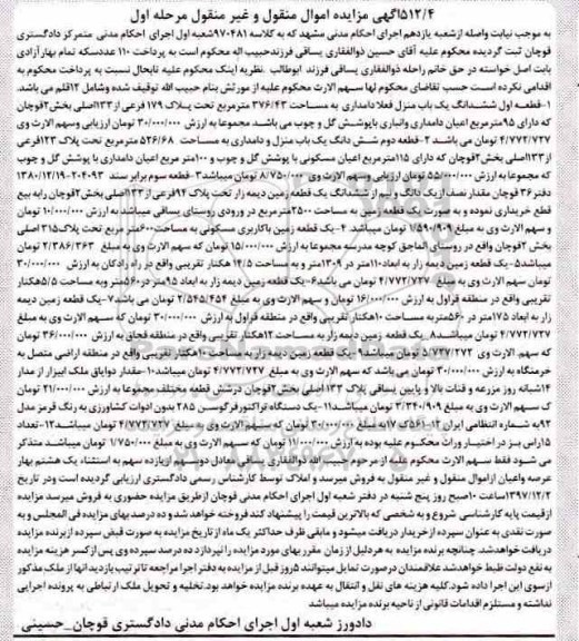 آگهی مزایده ، مزایده ششدانگ یکباب منزل 376.43 مترمربع مرحله اول 