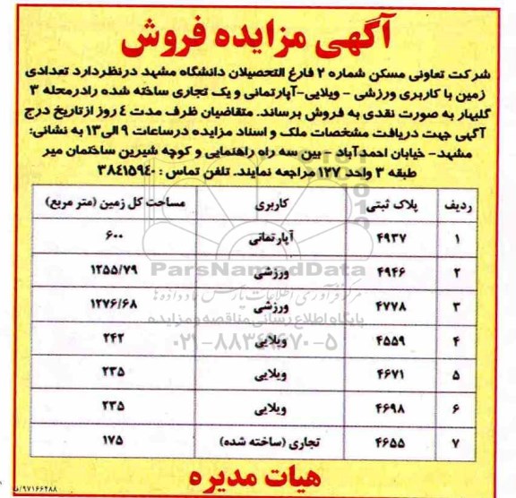 مزایده ،مزایده فروش زمین با کاربری وزرشی و ویلایی و آپارتمان و یک تجاری