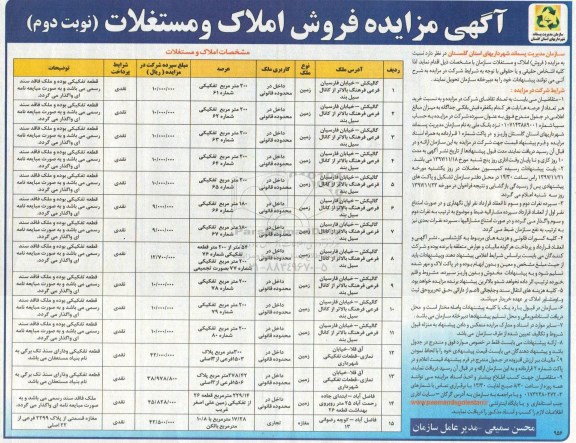 مزایده،  مزایده فروش املاک و مستغلات نوع زمین و مغازه نوبت دوم 