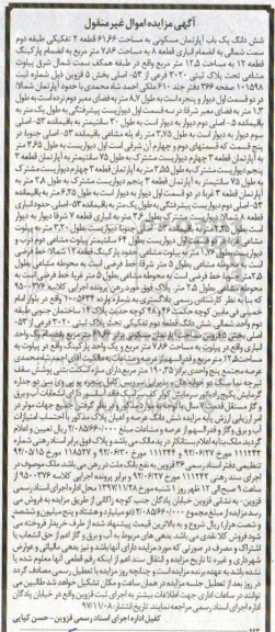 مزایده ،مزایده ششدانگ یکباب آپارتمان مسکونی 61.66