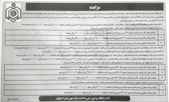 مزایده , مزایده واگذاری به اجاره تعدادی از رقبات موقوفه