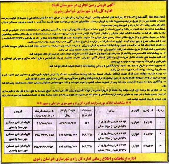 مزایده ،مزایده فروش زمین تجاری
