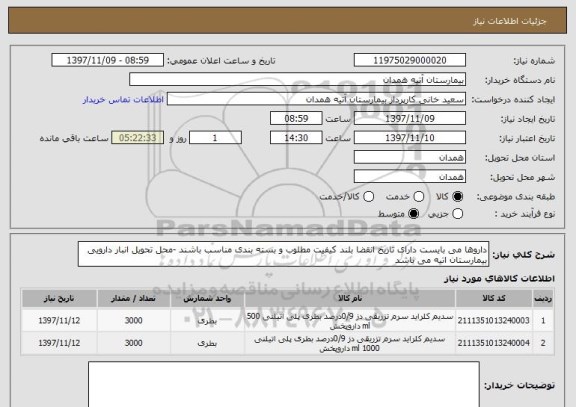 استعلام داروها می بایست دارای تاریخ انقضا بلند کیفیت مطلوب و بسته بندی مناسب باشند -محل تحویل انبار دارویی بیمارستان اتیه می باشد