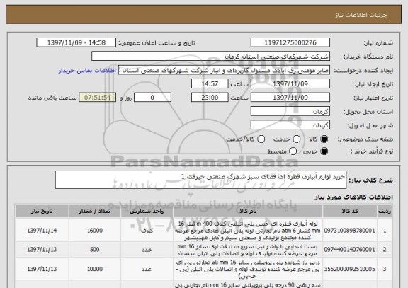 استعلام خرید لوازم آبیاری قطره ای فضای سبز شهرک صنعتی جیرفت 1