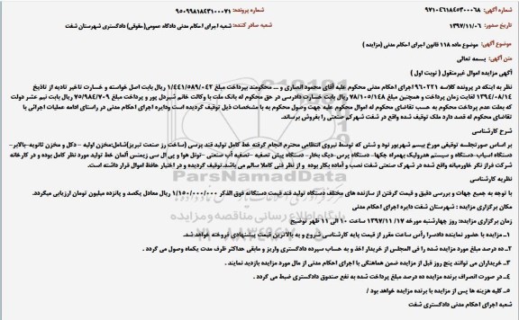 آگهی مزایده اموال غیر منقول,مزایده خط کامل تولید قند پرسی