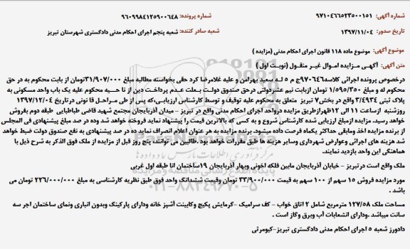 مزایده مزایده فروش 15 سهم از 100 سهم ششدانگ واحد نوبت اول