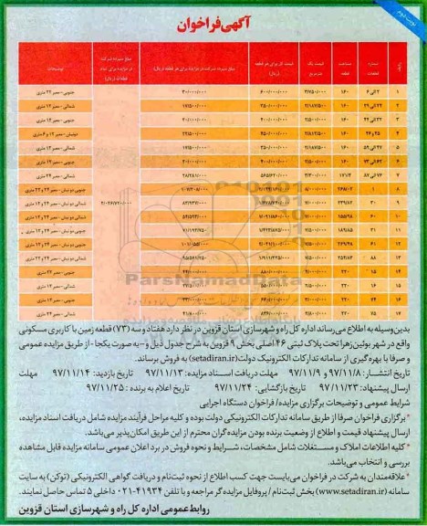 مزایده ، مزایده 73 قطعه زمین با کاربری مسکونی نوبت دوم