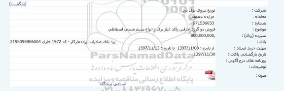 مزایده,مزایده فروش دو گروه اجناس راکد انبار برق و سیم مسی