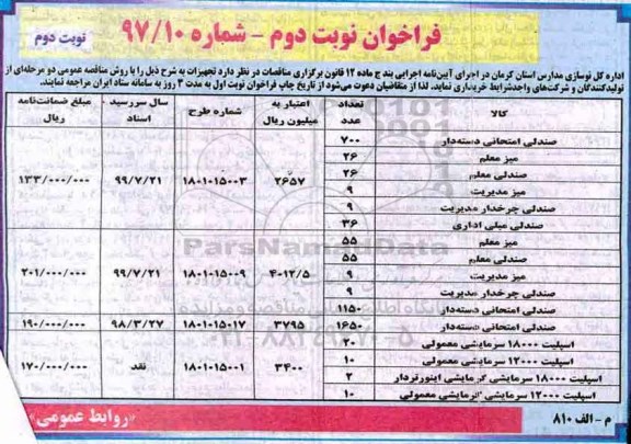 مناقصه, مناقصه صندلی امتحانی و ... - نوبت دوم 