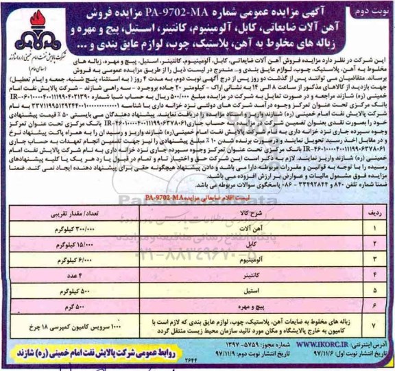 مزایده عمومی فروش آهن آلات ضایعاتی و ... نوبت دوم 