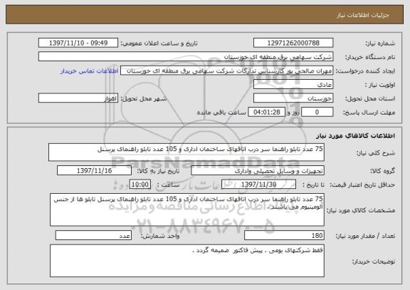 استعلام 75 عدد تابلو راهنما سر درب اتاقهای ساختمان اداری و 105 عدد تابلو راهنمای پرسنل