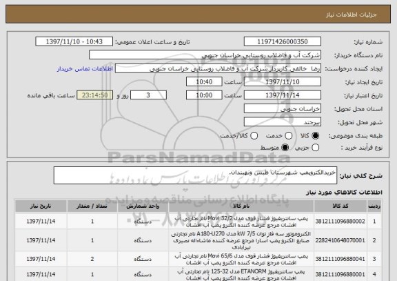 استعلام خریدالکتروپمپ شهرستان طبس ونهبندان.