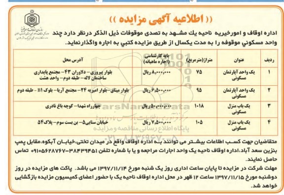 مزایده,مزایده واگذاری اجاره یک واحد آپارتمان مسکونی