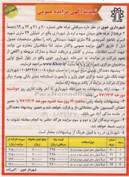 آگهی مزایده عمومی, تجدید مزایده واگذاری سرقفلی غرفه