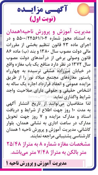 مزایده,مزایده اجاره یک باب مغازه