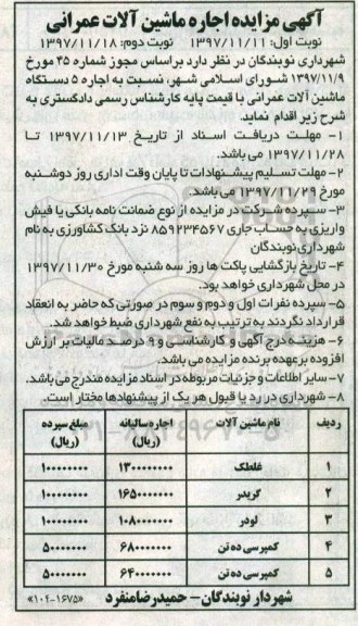 مزایده ، مزایده اجاره ماشین آلات عمرانی