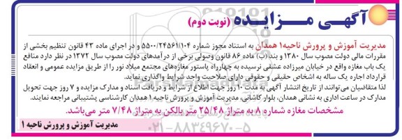 آگهی مزایده عمومی, مزایده واگذاری منافع تعداد  1 باب مغازه- نوبت دوم 