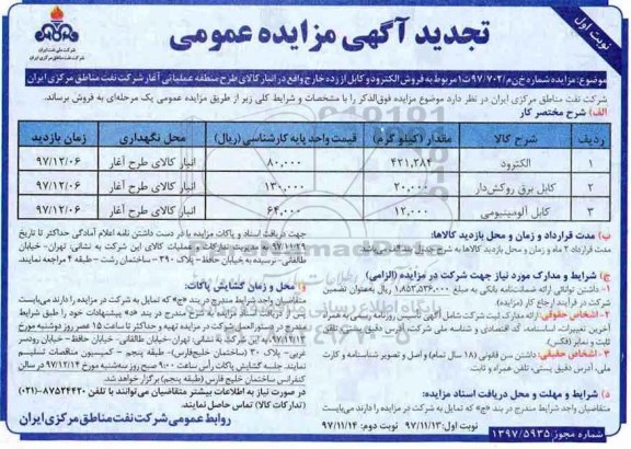 آگهی تجدید مزایده عمومی , تجدید مزایده فروش الکترود و کابل از رده خارج و...