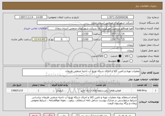 استعلام عملیات تهیه و تامین کالا و اجرای شبکه توزیع آب ناحیه صنعتی ظریفان