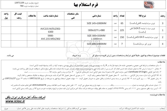 استعلام توری سرند با چشمه...