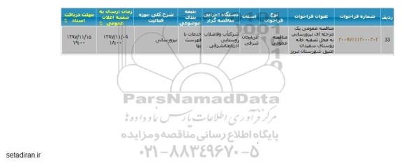 مناقصه, مناقصه نیرورسانی به محل تصفیه خانه روستای 