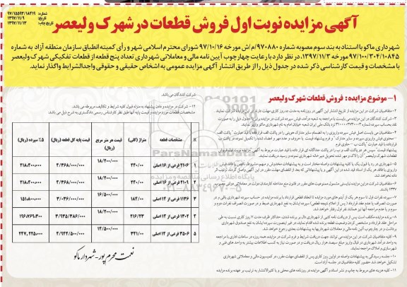 مزایده ,مزایده فروش قطعات شهرک ولیعصر 