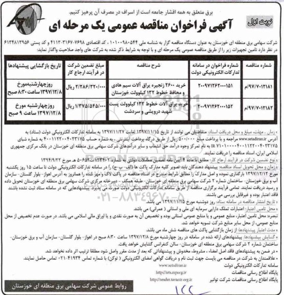 آگهی فراخوان مناقصه عمومی یک مرحله ای,فراخوان خرید 2600 زنجیره یراق آلات سیم هادی