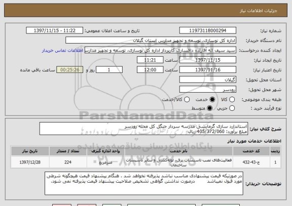 استعلام استاندارد سازی گرمایشی مدرسه سردار جنگل کل محله رودسر
مبلغ برآورد: 405/372/060 ریال