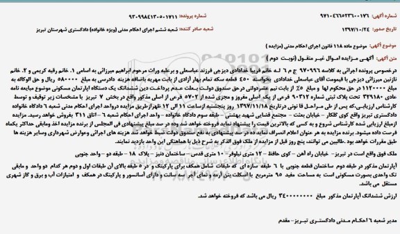 مزایده،مزایده آپارتمان مساحت 95 مترمربع نوبت دوم