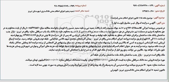 مزایده ،مزایده فروش سه دانگ سرقفلی نوبت اول