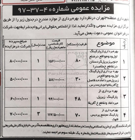 مزایده، مزایده بهره برداری از پارکینگ و...