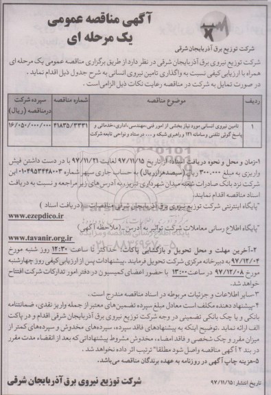 مناقصه تامین نیروی انسانی مورد نیاز 