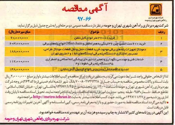 آگهی مناقصه, مناقصه خرید 27000 متر انواع کابل تلفن ...