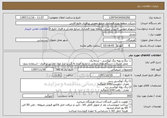 استعلام رنگ و رویه رنگ آپوکسی - درجه یک
محل مصرف : دستگاه های صنعتی و محیط آلوده به گرد و غبار مواد معدنی و فلزی - استفاده بدون ضد زنگ