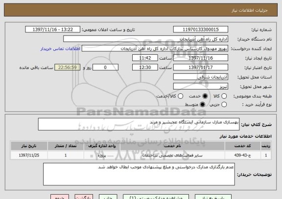 استعلام بهسازی منازل سازمانی ایستگاه عجبشیر و مرند 