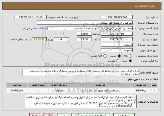 استعلام اندازه گیری عوامل زیان آور محیط کار پستهای 400 سپاهان و شهید منتظری و 230 مبارکه و 63 سیمان اصفهان و فرادنبه