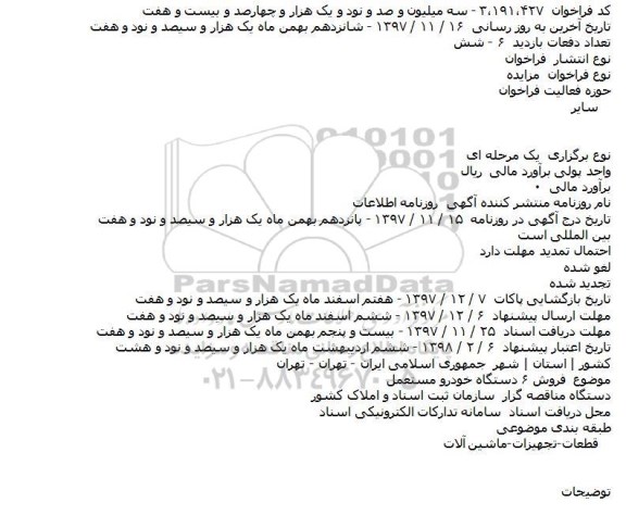 مزایده فروش 6 دستگاه خودرو مستعمل 