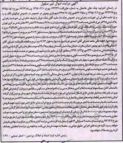 مزایده، مزایده پلاک ثبتی 425 فرعی از 8 اصلی مساحت 441.23