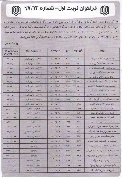 فراخوان, فراخوان احداث مدرسه 1 کلاسه... 