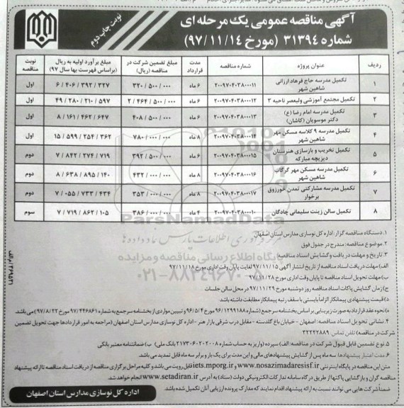 آگهی مناقصه عمومی ,مناقصه تکمیل مدرسه... - نوبت دوم 